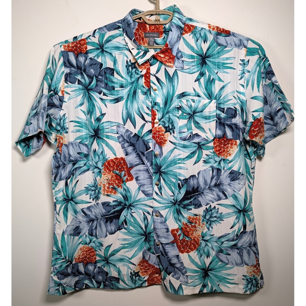 Van Heusen Mens Shirt Tropical Pineapple Palm Leaf Print Polyester Blue XXL